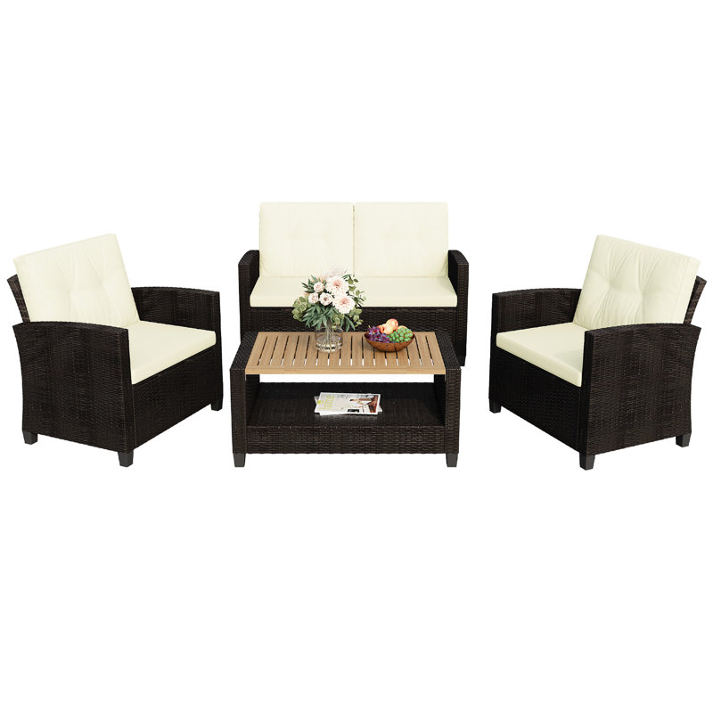 4-Person Rattan Patio Furniture Set Outdoor Sectional Conversation Set With Cushions For Seating, Beige Cushion/Brown Frame