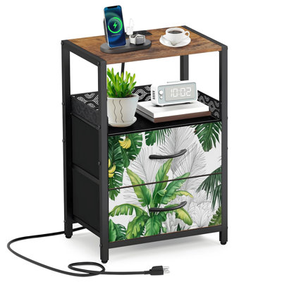 2 Fabric Drawers Night Stand with Charging Station Tropical Greenery Banana Leaves Exotic Palms Bedroom Bedside Table End Table with Open Shelf USB Ports and Outlets