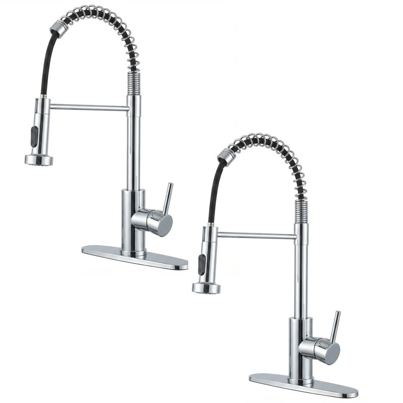 Industrial Single-Handle Spring Spout Kitchen Faucet with Pull-Down Sprayer (Set of 2), Chrome