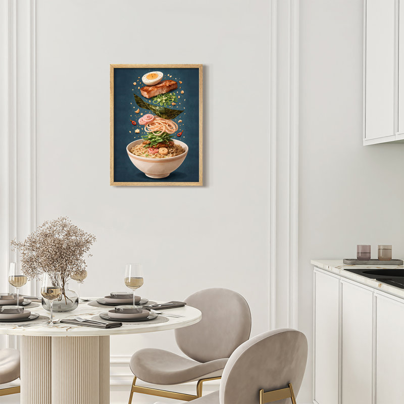 Floating Ramen Ingredients Illustration Framed Wall Art Prints - Modern Kitchen Decor, H 14 po x l 11 po, Naturel