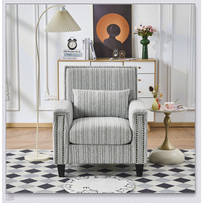 Modern Accent Chair With Arms, Comfy Upholstered Armchair For Living Room, Grey And White Striped Armchair With Nailhead Trim, For Living Room, Bedroom, Apartment, Office