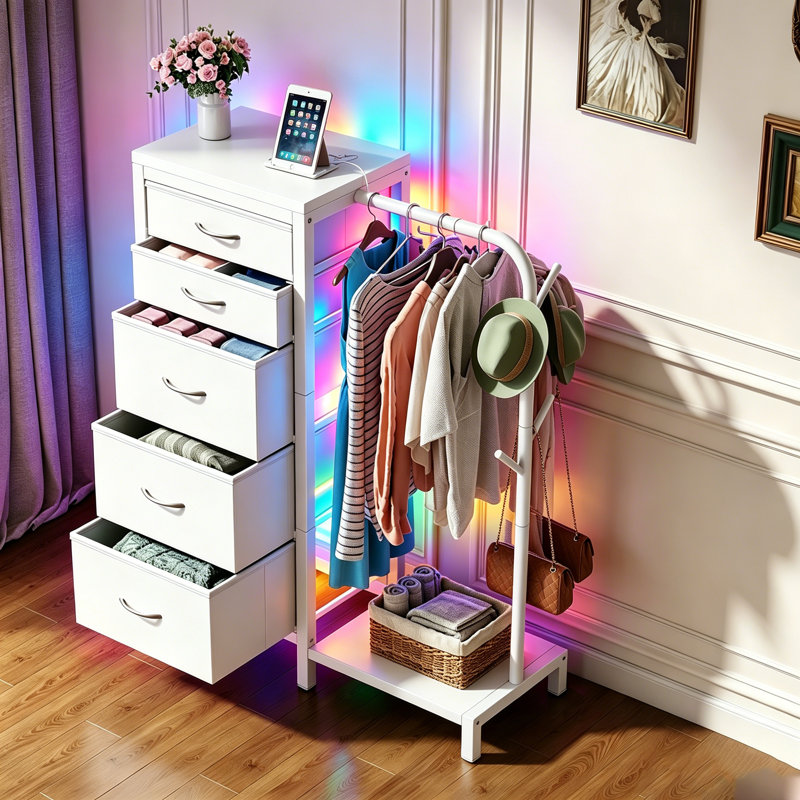 5 Drawer Dresser with Hanging Rack and Shoe Rack, Fabric Big Storage Dresser without Charging Station and LED Lights for Bedroom, Closet, Entryway