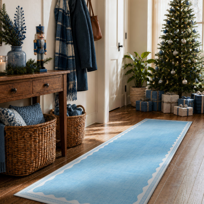 Tapis de corridor bleu vintage à bordure ondulée, lavable et antidérapant, idéal pour le corridor, la cuisine ou la chambre.