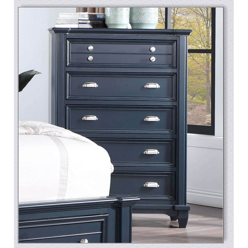 Commode 1 pièce de style transitionnel avec glissières à roulement à billes, quincaillerie en nickel et finition bleu ardoise pour les chambres à coucher modernes