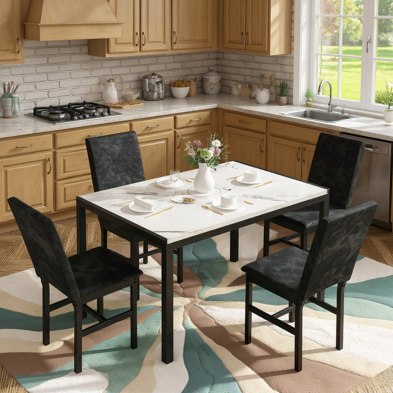5-Piece Dining Table and Chairs Set, Contemporary Modern Style Dinette Set with Laminated Faux Marble Top and Metal Frame, Kitchen Table with 4 Velvet Upholstered Chairs, Space-Saving Design for Dining Room
