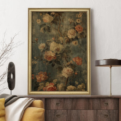 "Bouquet floral classique, pivoines et roses impressionnistes, décoration murale encadrée dorée"