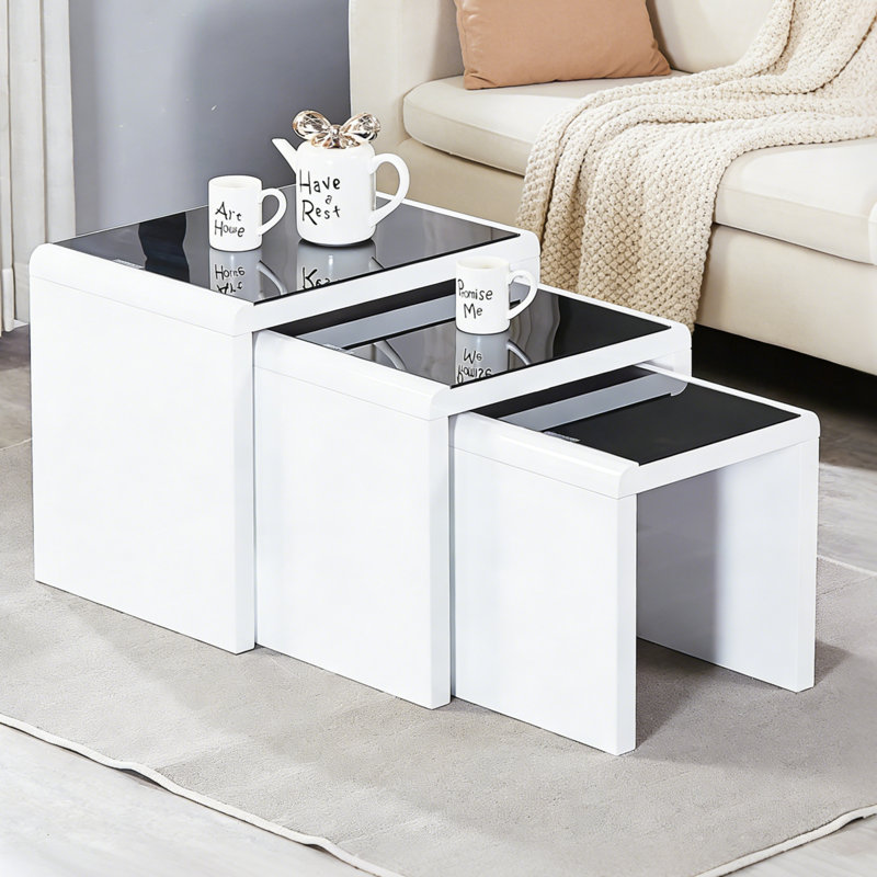Beula 3 - Piece Stackable Living Room Center Table Nesting Table Set With Tempered Glass Top, Black & White