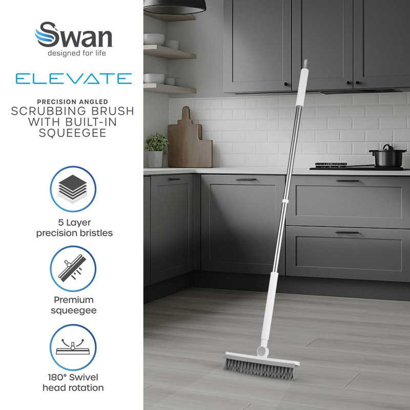 Swan SWFC2007WHTN Elevate Precision Angled Scrubbing Brush with Built-in Squeegee, Posture Positive Design, 5 Layer Bristles, 180-Degree Pivot Rotation for Deep Cleaning Harder To Reach Areas, White