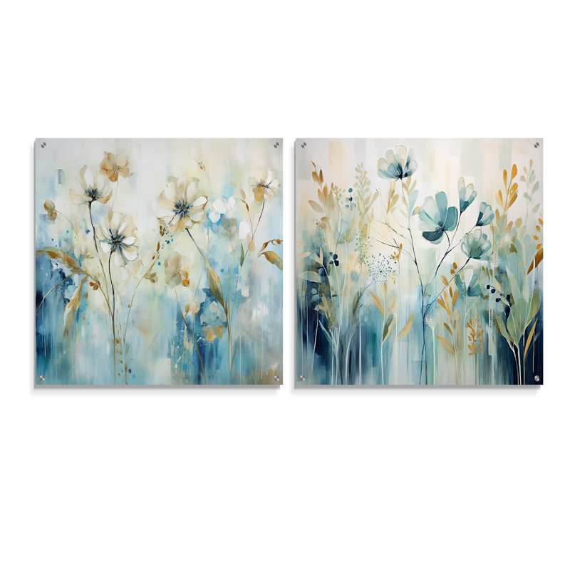 «Teal Orange Botanical Fragments I», ensemble de 2 verres muraux abstraits en acrylique, H 16 po x l 33 po