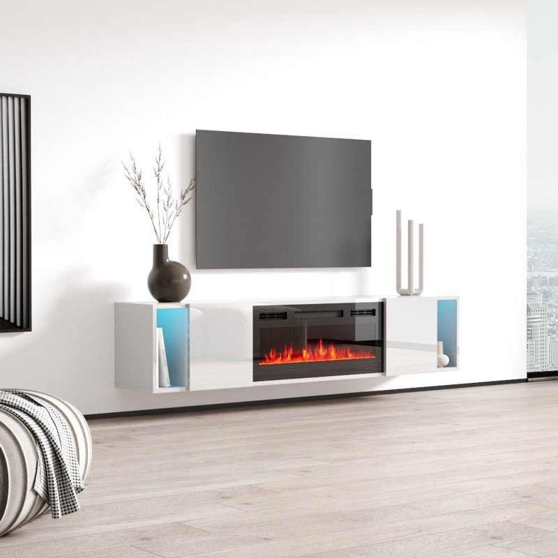 Meuble télé serré avec foyer électrique Serrel, Blanc foncé