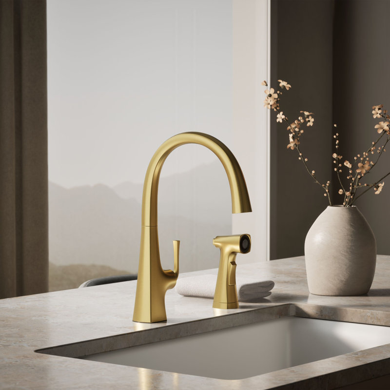 Graze Kitchen Sink Swing Spout Faucet With Sidespray, Vibrant Brushed Moderne Brass