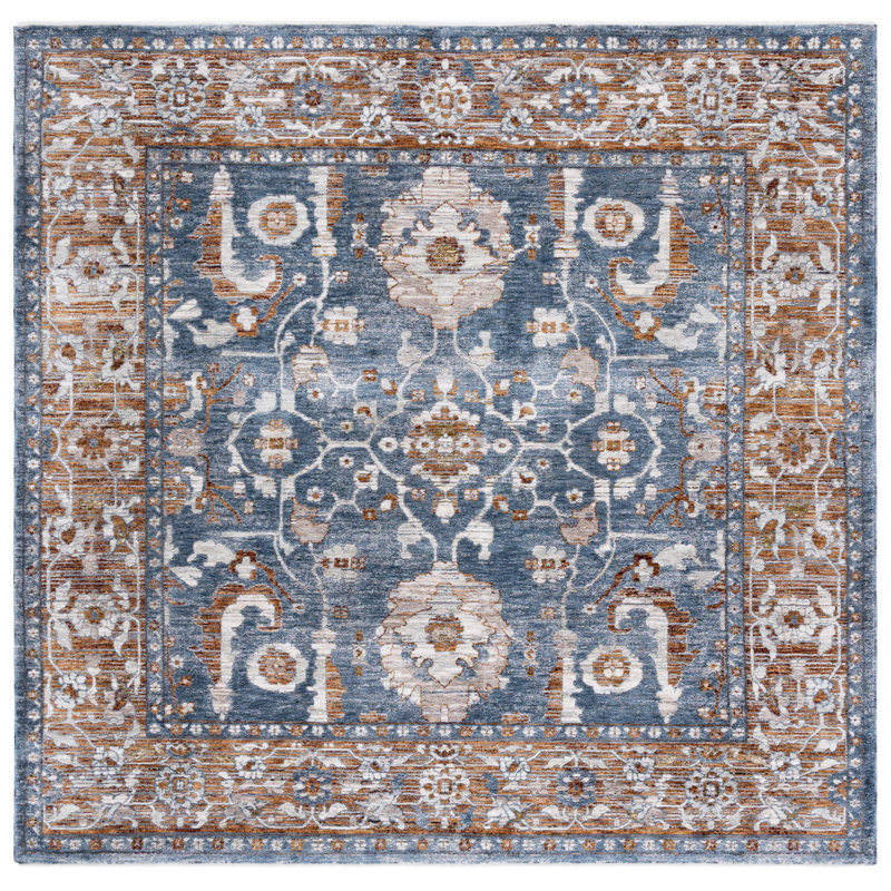 Tapis oriental en polyester tissé à la machine bleu / rouille, Carré 6 pi 3 po