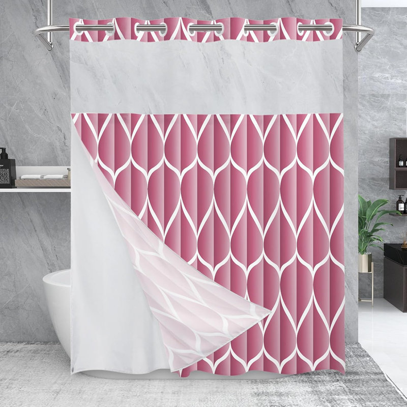 Pale Mauve Fabric Shower Curtain with Snap-In Liner and Mesh Top Window