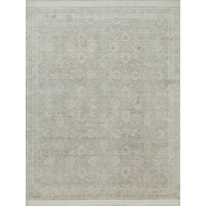 Hand Knotted Silk Area Rug in Taupe, Rectangle 5' x 8'