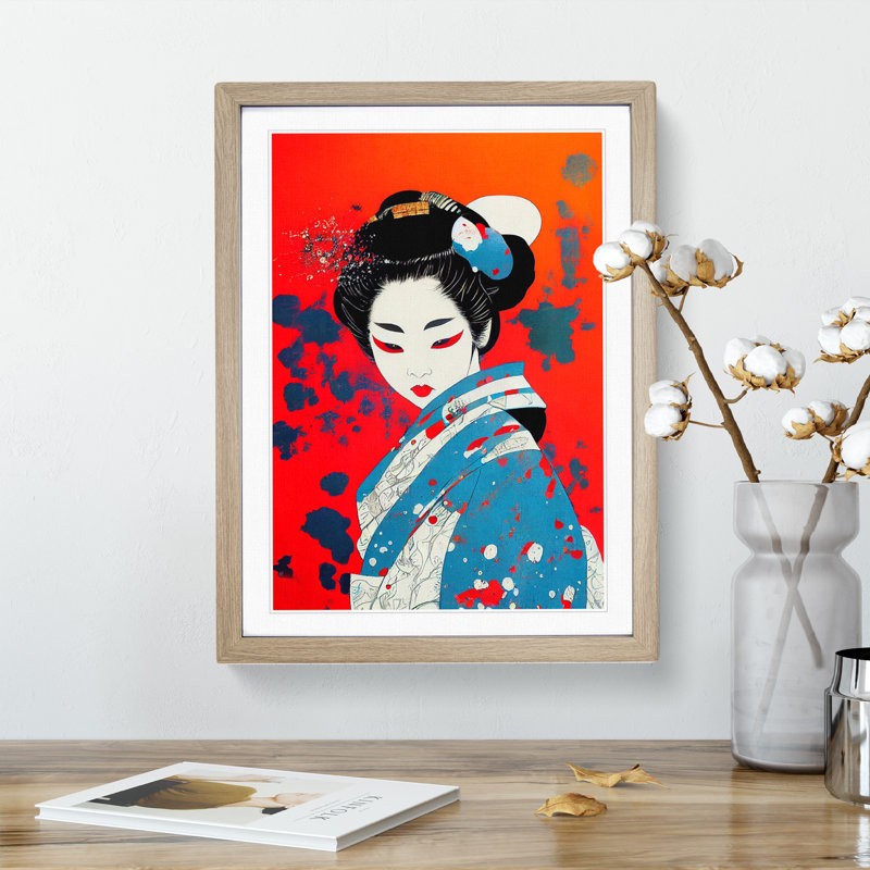 XV1022-4089X Splashed Geisha No.4 - Single Picture Frame Painting, 34cm H x 25cm W x 2cm D, Oak
