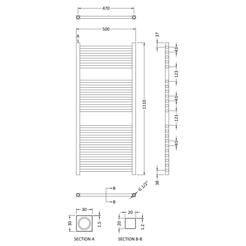 Eton Straight Towel Rail Heated Towel Rails, 110cm H x 50cm W x 3cm D, Anthracite