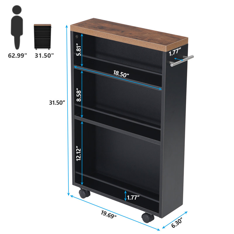 Black Wood Slim Kitchen Cart with Storage and Wheels