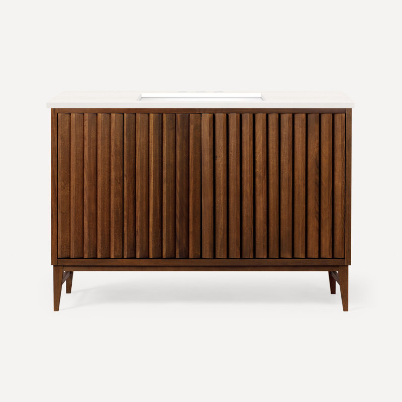 Meuble-lavabo 48 po avec comptoir en pierre de quartz Sinca, Chêne blanc, Gris pierre, Trois trous