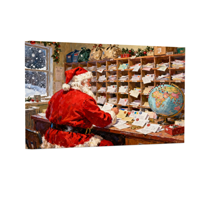 Père Noël, lecture de lettres au bureau avec globe, H 12 po x l 18 po