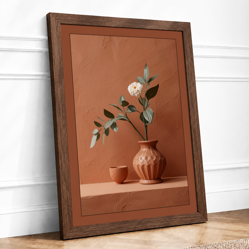 Single Branch in Terracotta Minimalist - Framed Print, A4 - 29.7 x 21.0 cm, Walnut