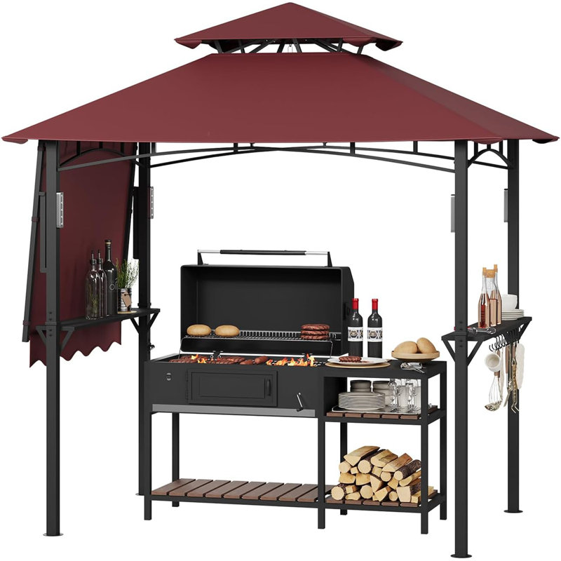 8 Ft. x 5 Ft. Grill Gazebo with Side Awning, Double-Tier BBQ Canopy with Shelves, LED Lights, Hooks and Bottle Opener for Patio, Backyard or Deck