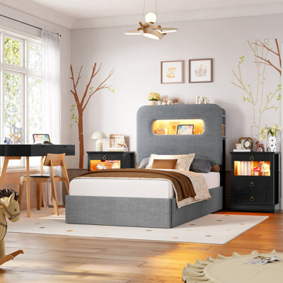 Ensemble de chambre à coucher lumineuse 3 pièces - Lit de rangement à DEL et commodes à DEL avec station de charge