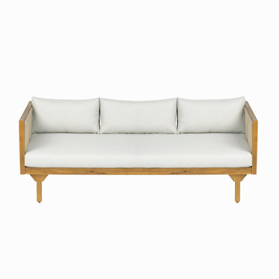 Outdoor Patio Sofa With Cushion & Rope, Acacia Wood Teak Finish, Water Repellent Fabric For Garden, Deck, Backyard