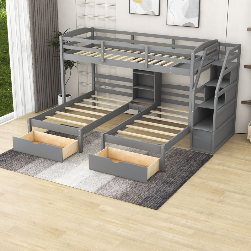 Havasxon Kids Twin over Twin& Twin 3 Drawers Triple Bed with Shelves