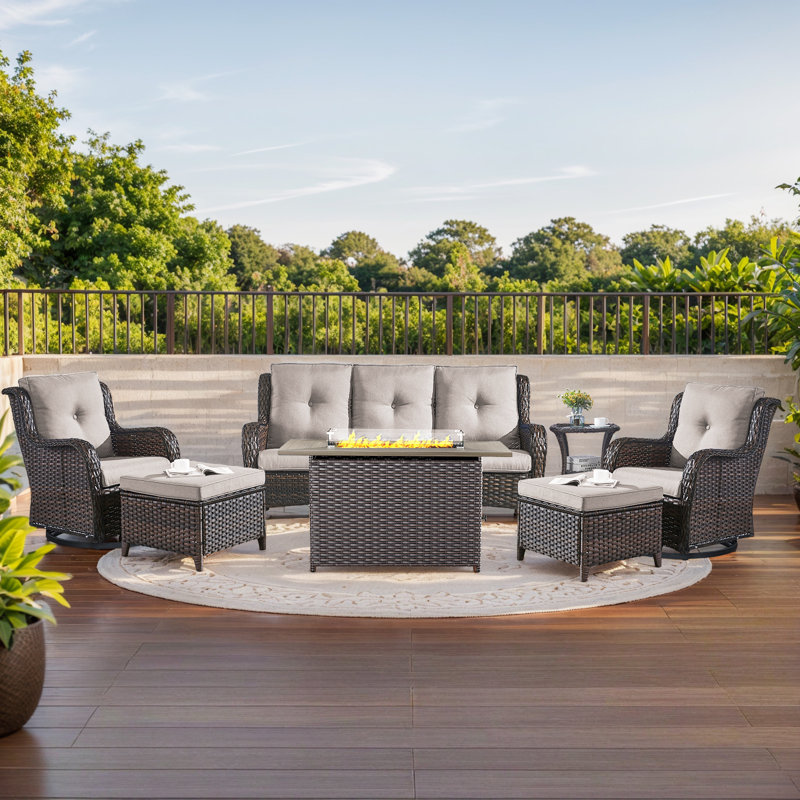Carolina 7 - Pieces Sofa Seating Group With Fire Pit With Cushions, Beige/Brown