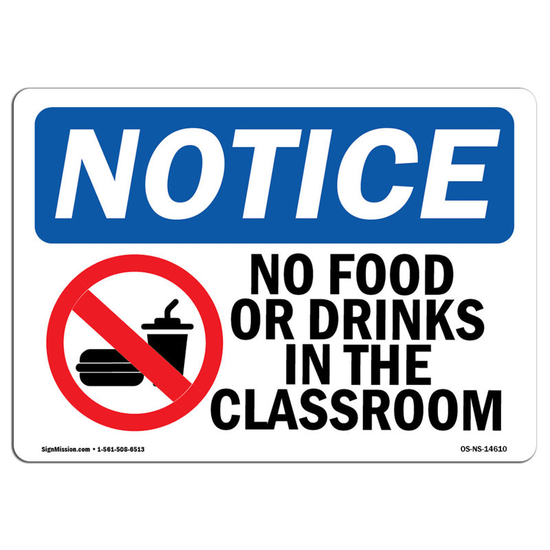 Pas de nourriture ni de boissons dans la salle de classe en aluminium 12 x 18