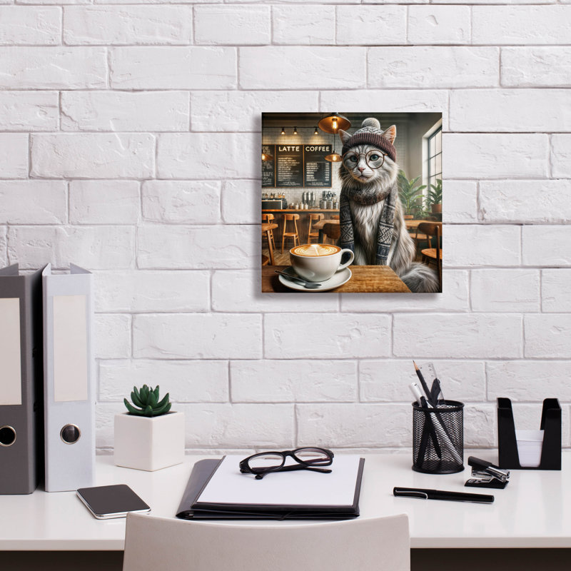 «Hipster Cat In Coffee Shop» par Rey Klimt, art mural sur toile, H 12 po x l 12 po x P 0,75 po