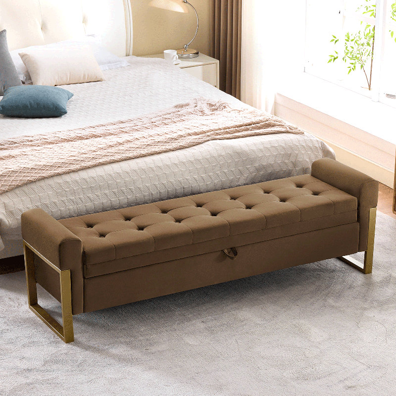 Banc de rangement en velours pour chambre à coucher, pieds dorés, Velours brun