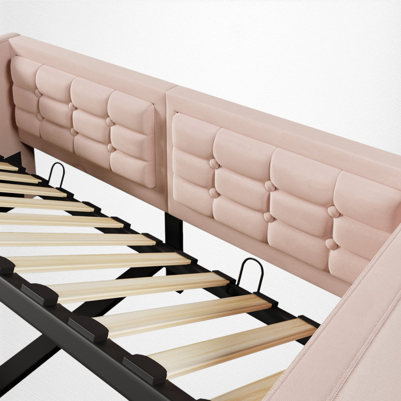 Twin Upholstered Daybed With Charging Station And Storage, Pink