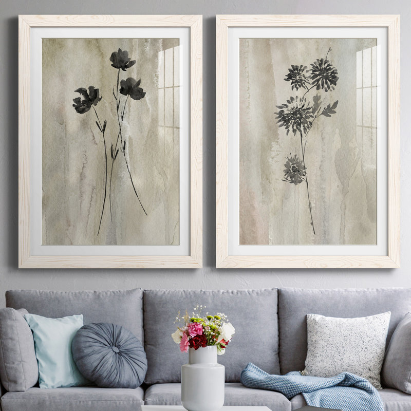 «Sumi-E Silhouette III», ensemble de 2 reproductions d'art, Impression encadrée avec passe-partout, H 44 po x l 31 po, Blanc