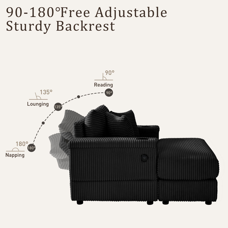 40" Oversized Corduroy Lounge Chair and Ottoman Set with Cup Holders and USB, Black Corduroy