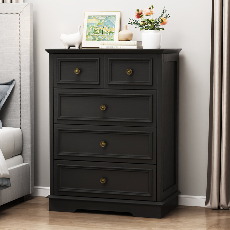 Commode 5 tiroirs Valera avec base arquée élégante et boutons ronds en métal, Noir