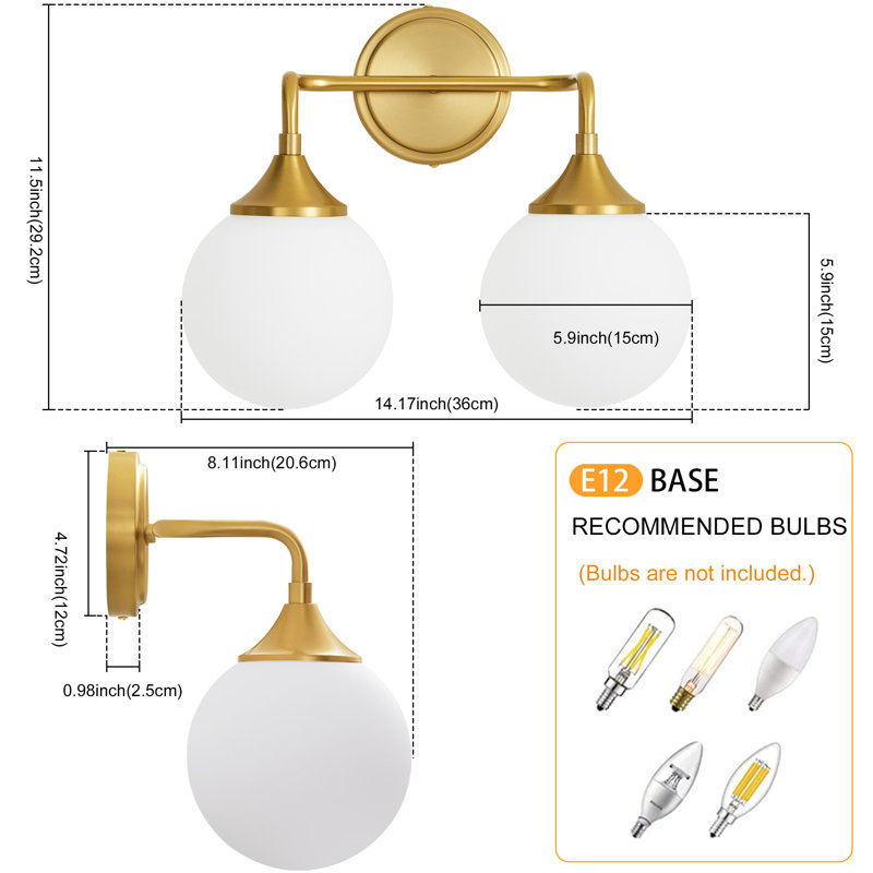 Luminaire de salle de bain à intensité variable avec abat-jour en verre opale lait 5,9 po Romale, Doré, 2