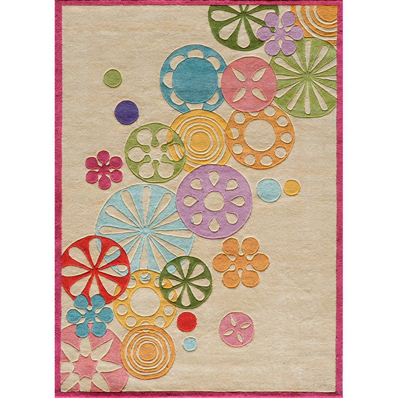 Tapis touffeté à la main ivoire / jaune / rose Aiyla, Rectangle 5 pi x 7 pi