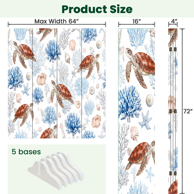 4 panneaux de paravents pliables Royal Sea Turtles Coral Seashells Soft Blue, H 71 po x l 64 po x P 1 po, 4