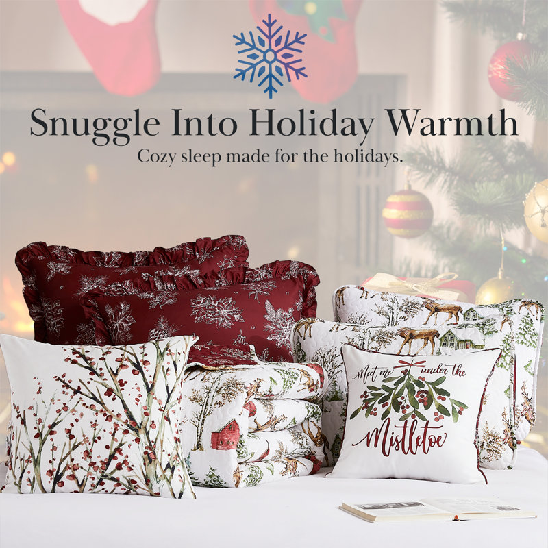 Ensemble de literie réversible Southshore Fine Linens White Christmas, 7 pièces, comprenant 1 courtepointe, 2 taies d'oreiller king, 2 taies d'oreiller carrées, 1 coussin décoratif et 1 housse de coussin, taille king/california king