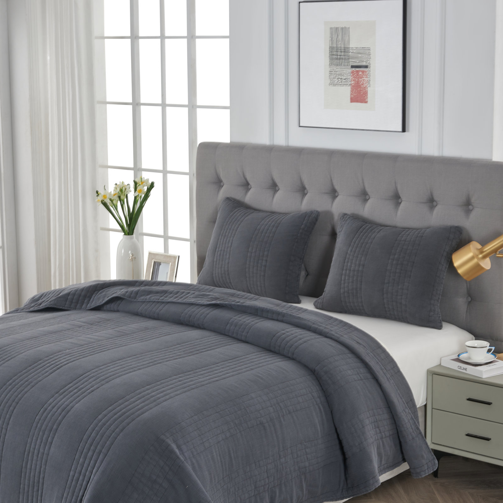 Cotton Quilt Set, King Quilt + 2 King Shams, Charcoal