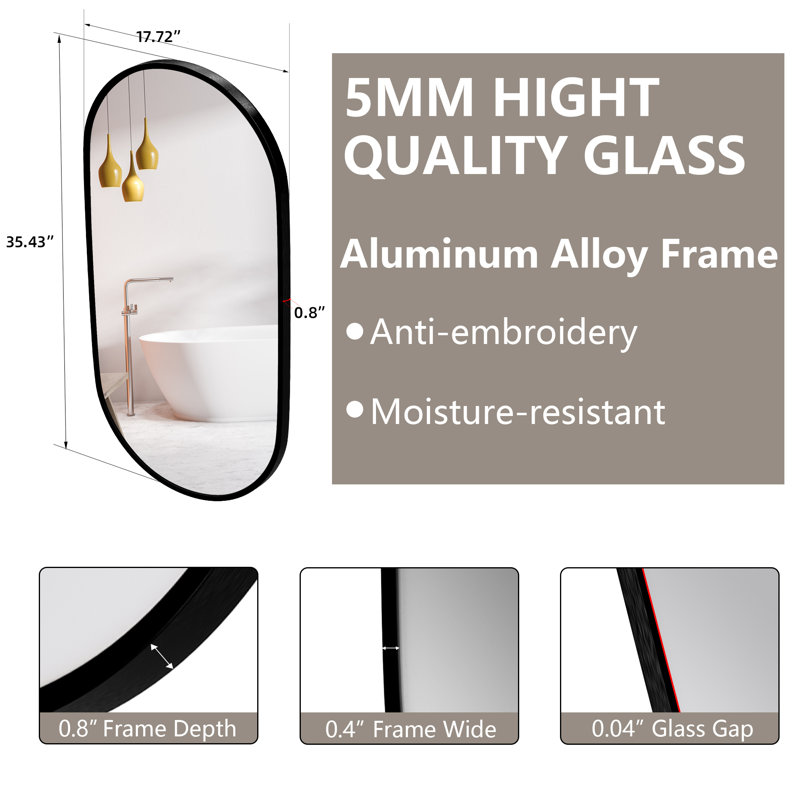 18'' W x 36''H  Black Mirror Oval Frame Wall Mount Bathroom Vanity Metal Mirror