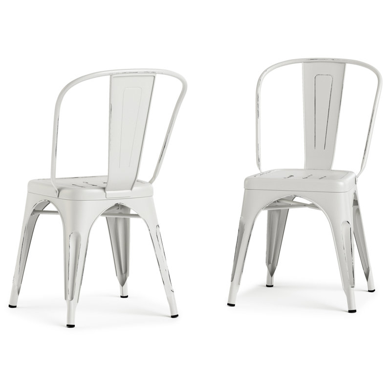 Fletcher Industrial Iron Dining Chair with Stackable Design and Protective Rubber Caps (Set of 2), Distressed White