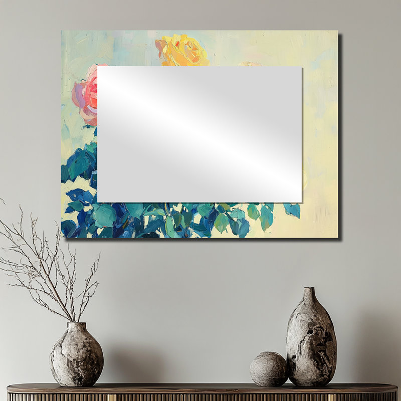 «Yellow Sunlit Roses In The Wild» - Art mural miroir floral - imprimé sur métal, 24 po x 32 po