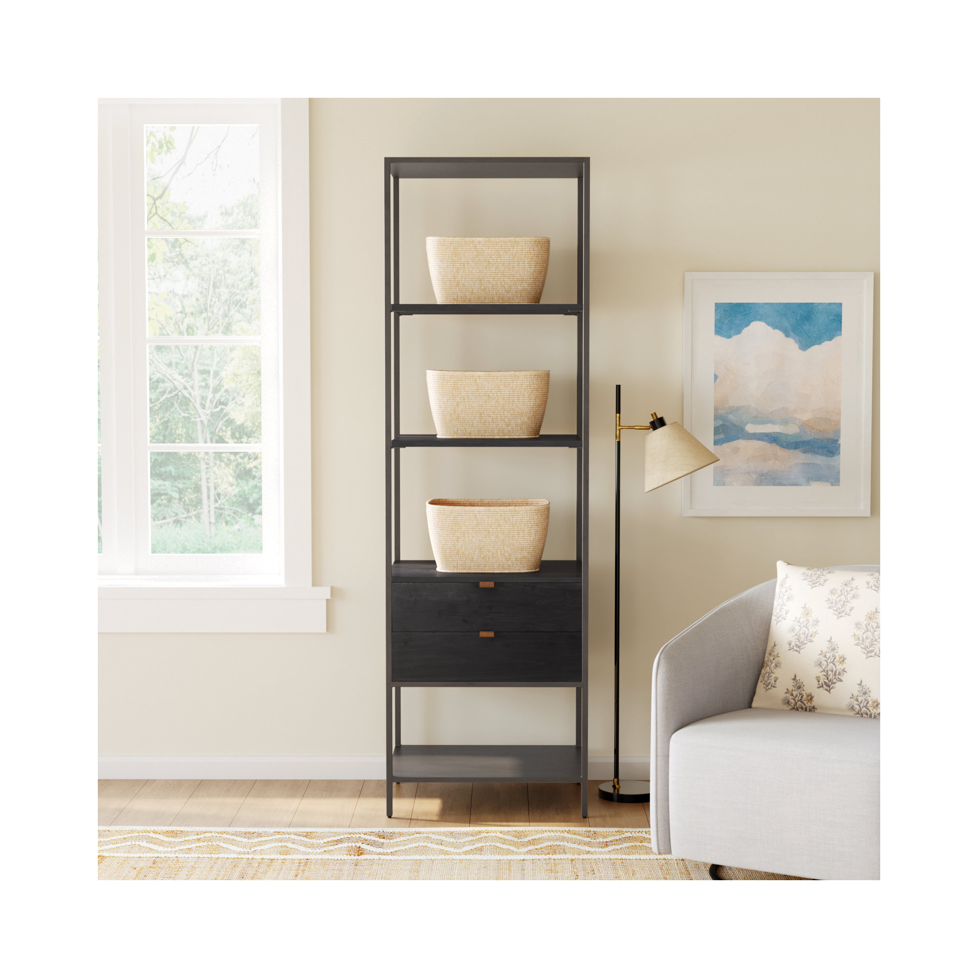 Loki Trey Bookshelf - Black Wash Poplar, Black Wash Poplar