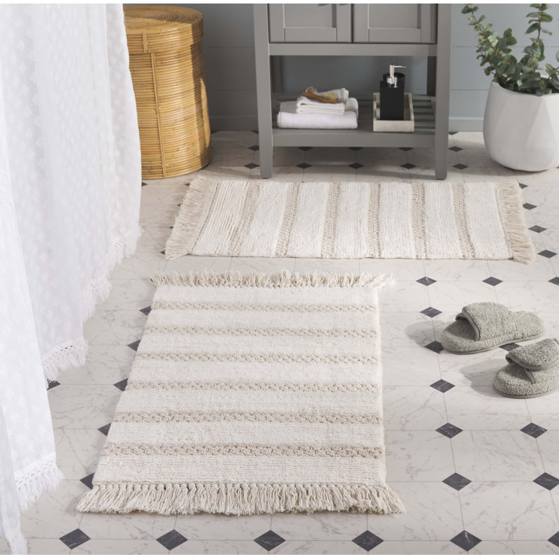 Finn Fringe Hand Woven Cotton Machine Washable Solid Color Bathmat, Ivory