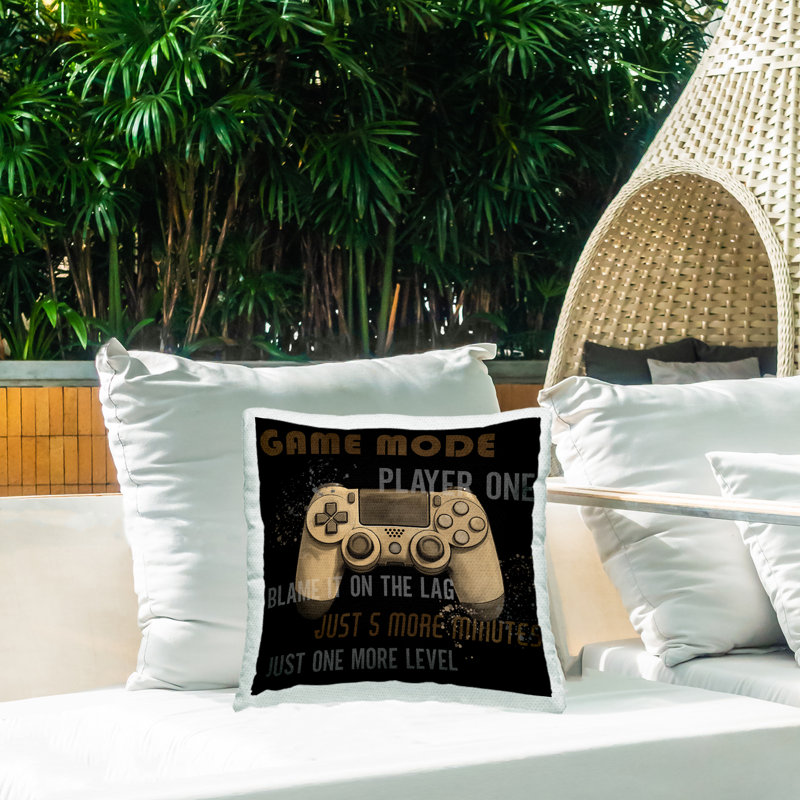 Gamer Phrases Vintage Style Design by Kim Allen Outdoor Printed Pillow