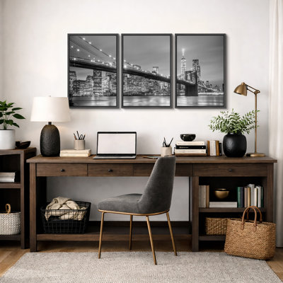 Architecture Building "Manhattan Bridge In New York City Skyline Artwork, Modern Contemporary Black & White Photograph Wall Pictures, Framed Canvas Giclée Print 3 Pieces Wall Art" 16"x24"x3 pcs, 24"x36"x3 pcs