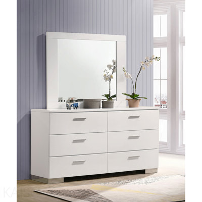 Commode 6 tiroirs blanche brillante avec miroir