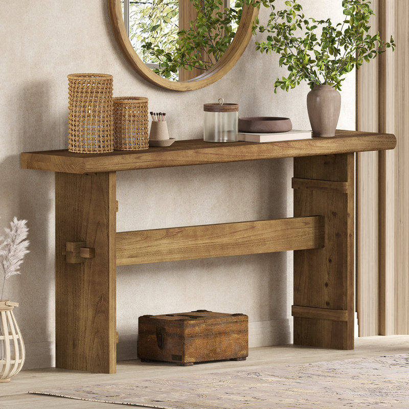 Console en bois massif de 63 po pour le vestibule, table de ferme derrière le canapé, Brun